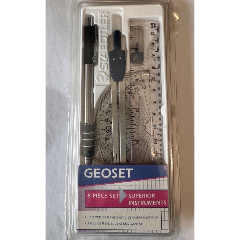 NEW 8 PIECE STAEDTLER GEOMETRY SET INCLUDES PROTRACTOR, COMPASS, RULER & OTHERS